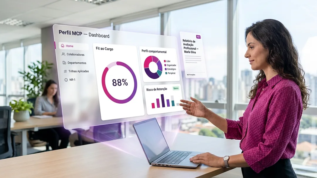 Profissional analisando dashboards e relatórios do Perfil MCP