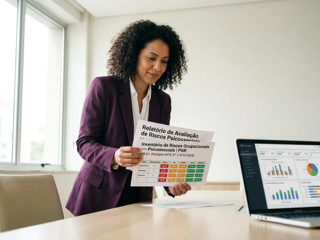 Profissional de SST analisando o relatório NR-01 do Perfil MCP